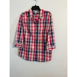 Alison Daley Women's Plaid Button Up Shirt 3/4 Sleeve Size 18 Red Navy White